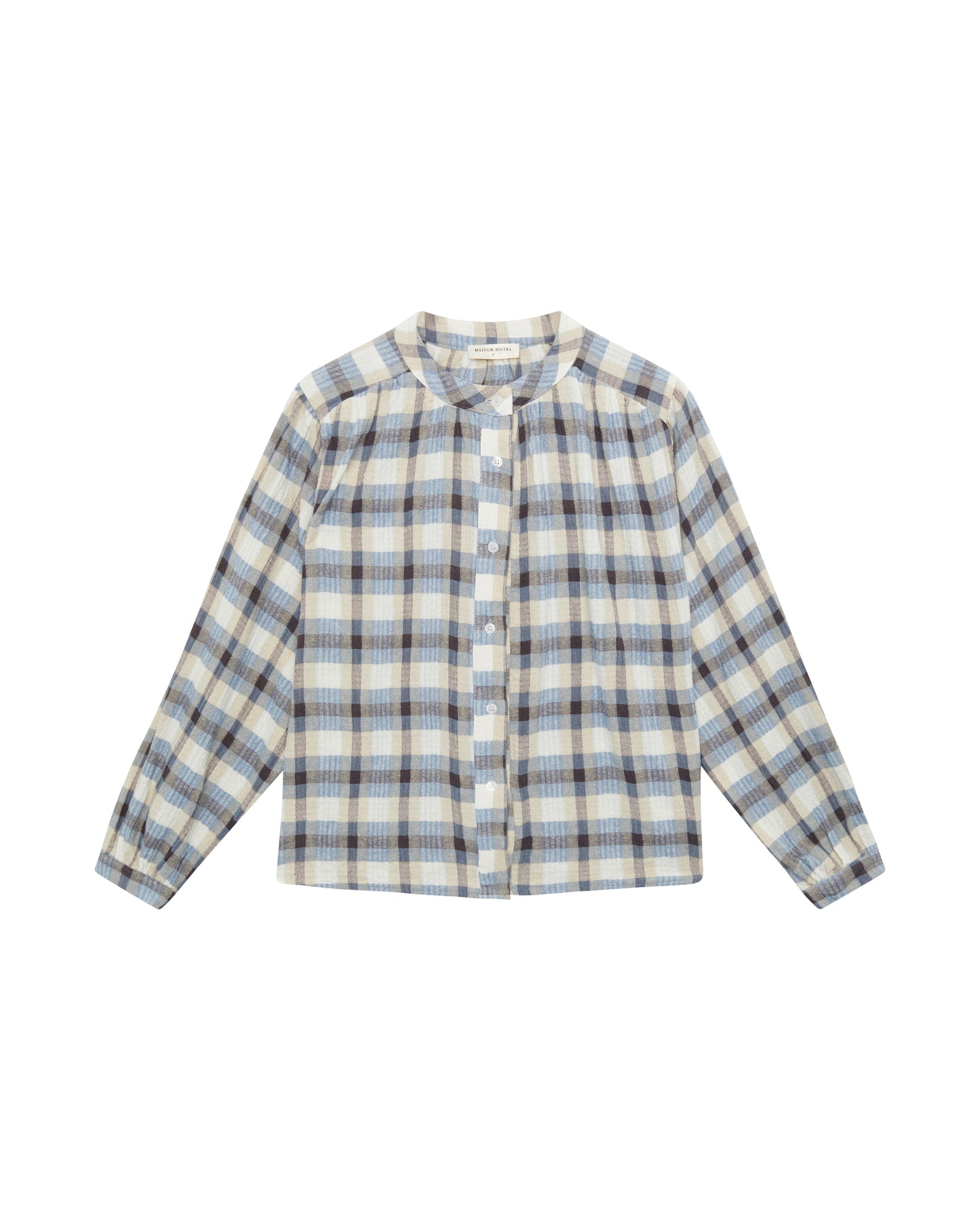 Mia Tartan Misty Blue bluse – rutete blå Maison Hotel