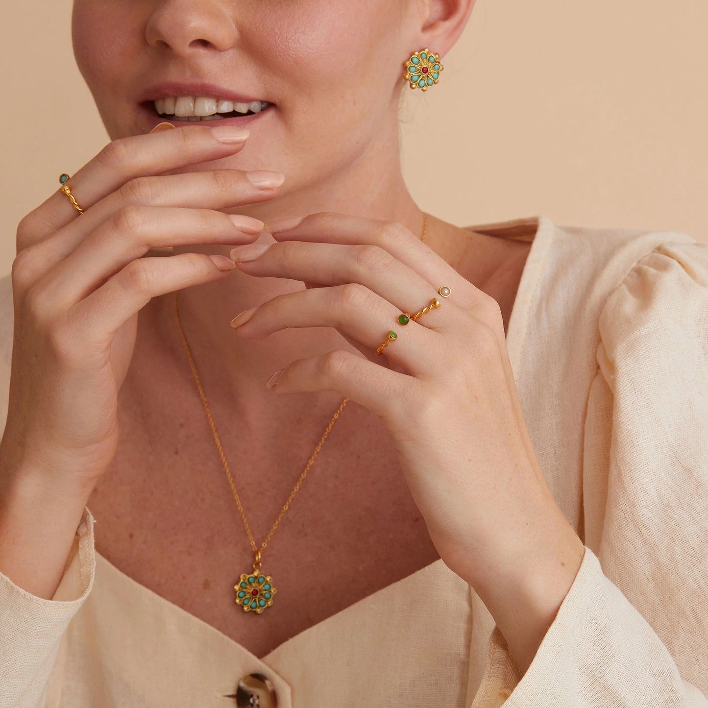 Øredobber Marigold Turquoise and Red Agate Beaded Stud