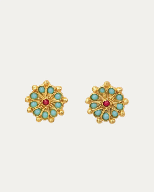 Øredobber Marigold Turquoise and Red Agate Beaded Stud