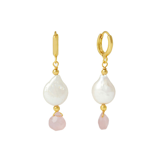 Øredobber Dawn Pearl and Rose Quartz Drop Huggie