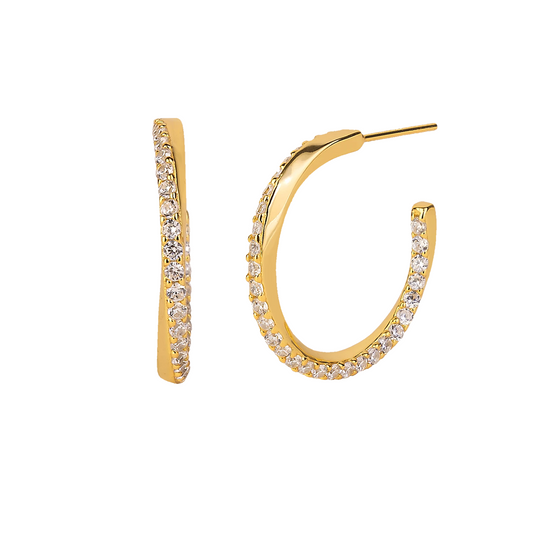 Elegante og unike øreringer av skinnende hvit zirkonia og 925 sterling sølv forgyllet med 18 karat gull. Perfekt sammen med Fine Gold ring.  Diameter på ring: 2,4 cm